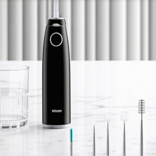 Modern Dental Maintenance Tools A water flosser and interdental brushes on a marble counter representing advanced dental maintenance.
