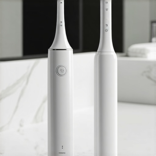 Modern Dental Maintenance Tools High-end water flosser and electric toothbrush on a marble counter