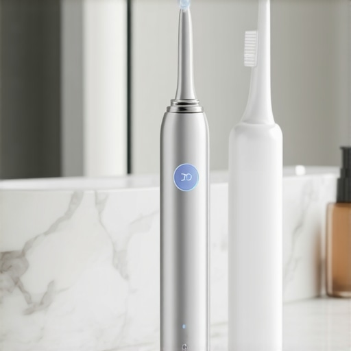 A Philips Sonicare electric toothbrush and a Waterpik flosser on a bathroom counter representing high-end dental care.