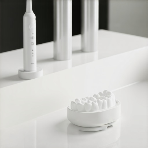 Modern Dental Maintenance Tools High-tech dental cleaning tools including a water flosser and night guard on a bathroom vanity.