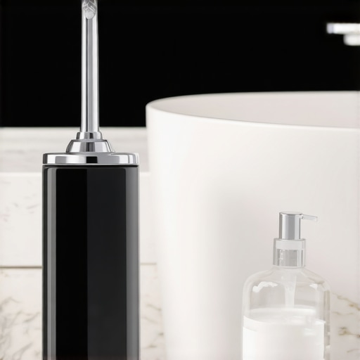 A water flosser and night guard on a bathroom counter representing daily dental maintenance.