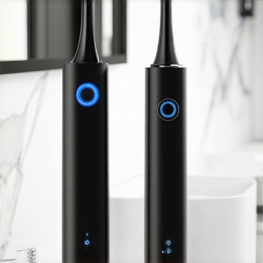 Modern Dental Maintenance Tools High-tech water flosser and sonic toothbrush on a bathroom counter.