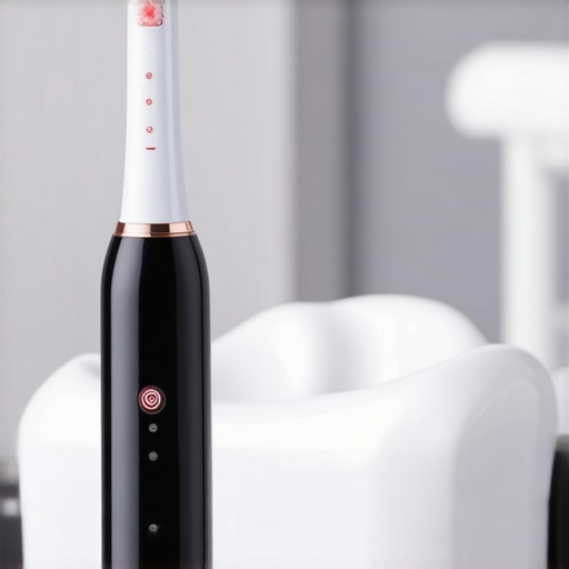 Modern Dental Maintenance Tools An electric toothbrush with a pressure sensor being used on a dental model to demonstrate proper gum care.