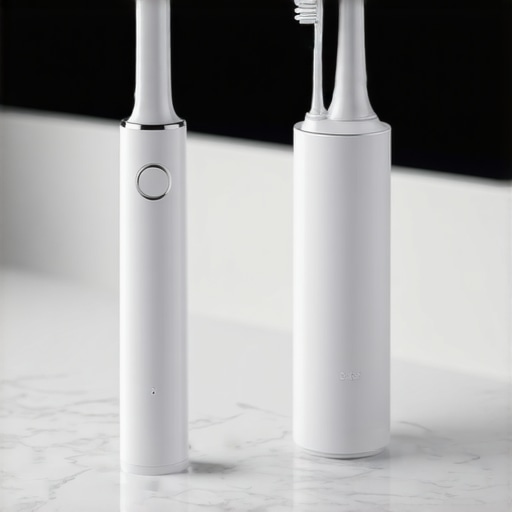 Modern Dental Maintenance Tools Electric toothbrush and water flosser on a bathroom counter for cosmetic dentistry care.