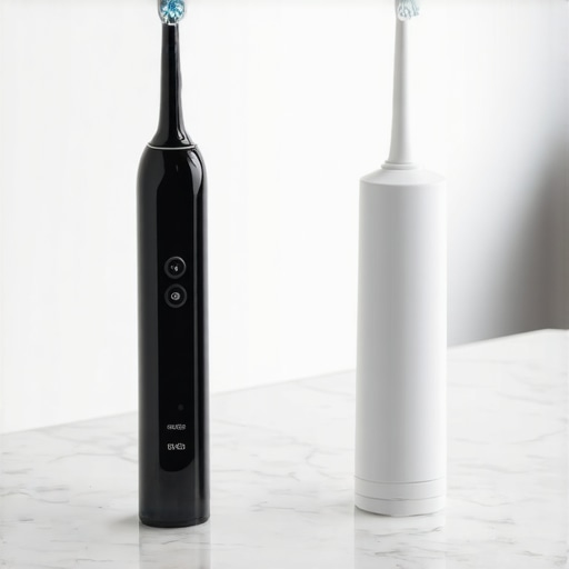 A sonic toothbrush and water flosser on a marble counter representing modern dental care.