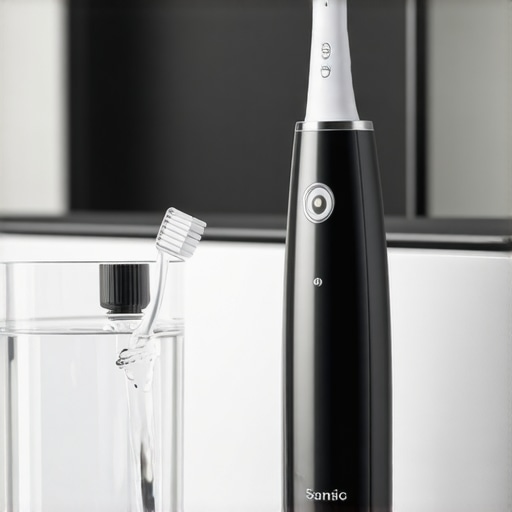 High-end sonic toothbrush and water flosser on a bathroom counter for dental implant maintenance.