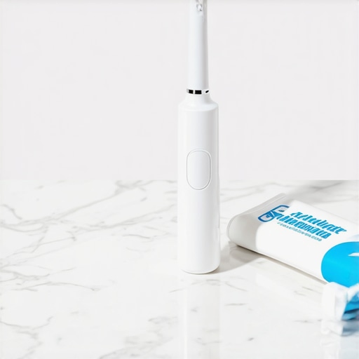 Modern Dental Maintenance Tools Electric toothbrush and remineralizing toothpaste for dental care.