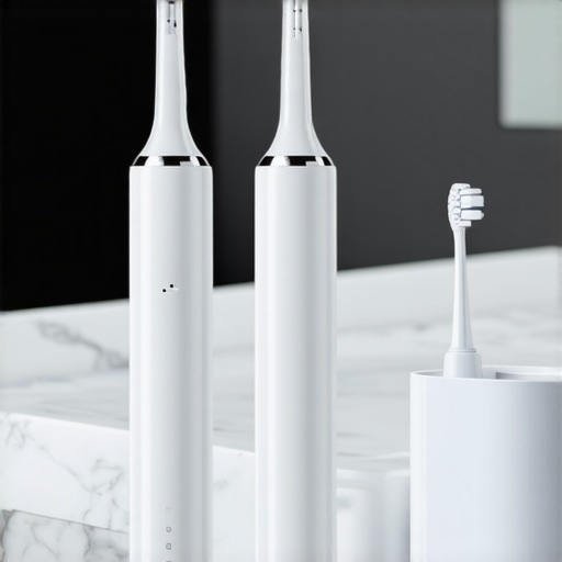 High-end electric toothbrush, water flosser, and dental night guard on a bathroom counter.