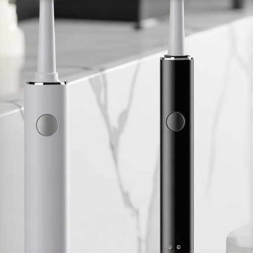 Modern Dental Maintenance Tools for Implants and Veneers An electric toothbrush and water flosser representing advanced home dental care.