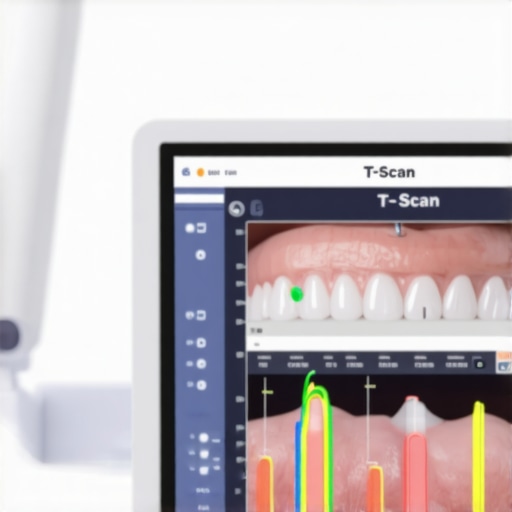 Modern Digital Bite Analysis Technology T-Scan digital sensor measuring bite pressure and timing in a dental clinic.