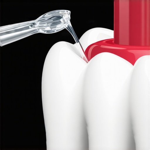Close-up of a water flosser cleaning a porcelain veneer and dental implant gumline.