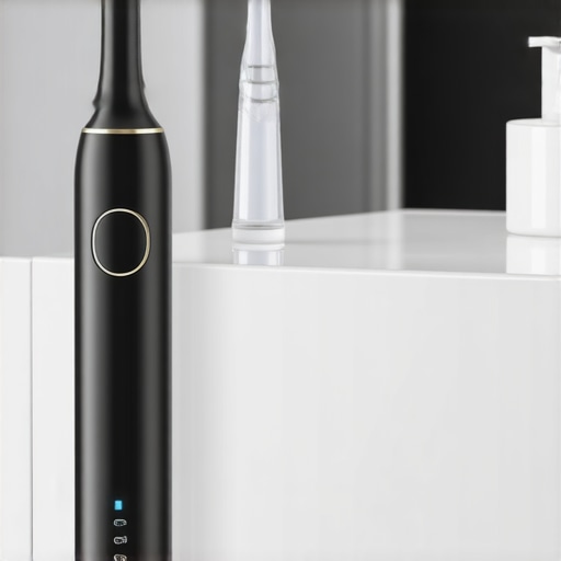 Modern Oral Care Tools for Cosmetic Maintenance High-tech dental tools including an electric toothbrush and water flosser for maintaining veneers and implants.