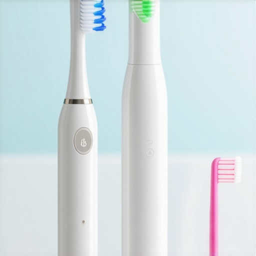 Modern Pediatric Dental Tools for Home Care An electric toothbrush and colorful dental floss pick designed for children on a clean bathroom counter