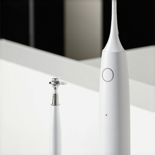 A water flosser and dental implant model on a bathroom vanity