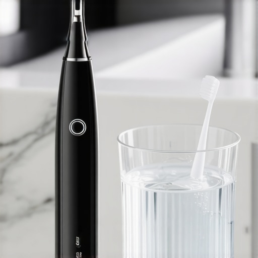 Modern Tools for Dental Restoration Care A sonic toothbrush and water flosser on a bathroom counter for veneer and implant maintenance.