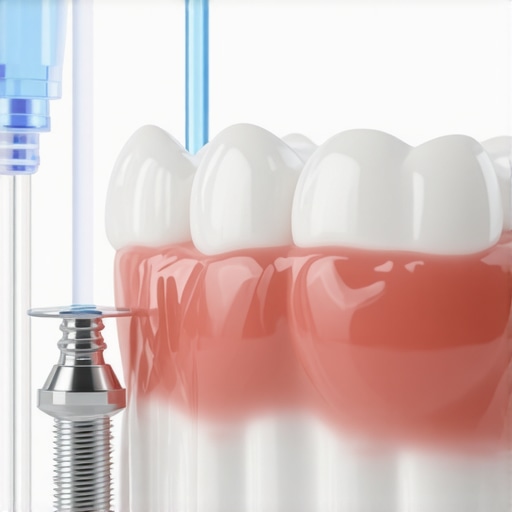 Modern Water Flosser for Dental Implant Maintenance A person using a water flosser to clean around a dental implant and porcelain bridge to prevent peri-implantitis.