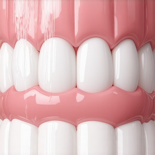 Close-up of a water flosser cleaning a dental bridge to maintain oral hygiene around implants.