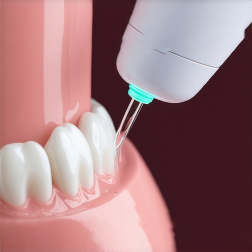 Modern Water Flosser for Dental Maintenance A cordless water flosser being used to clean a dental bridge and gum line.