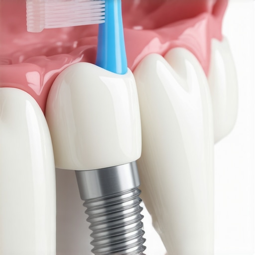 A water flosser cleaning a dental implant crown to prevent peri-implantitis.