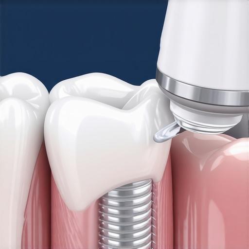 Modern Water Flosser for Implant Maintenance A water flosser cleaning around a dental implant to maintain gum health and prevent infection.
