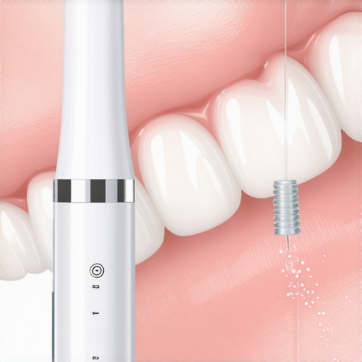 A close up of a water flosser cleaning the margin of a dental implant to maintain gum health.