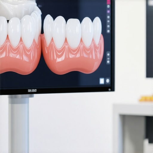 Modern conservative dental restoration planning A 3D model of a tooth structure on a dental monitor illustrating conservative cosmetic dentistry