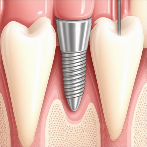 Modern dental implant and bone grafting visualization A medical illustration showing how a dental implant integrates with a jawbone after a bone graft procedure.