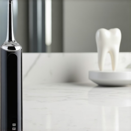 A water flosser and electric toothbrush on a marble counter symbolizing professional dental maintenance.