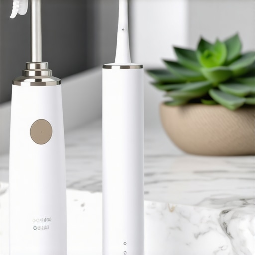 Modern dental maintenance tools for veneers and implants A water flosser and custom night guard on a bathroom counter representing long-term dental care.
