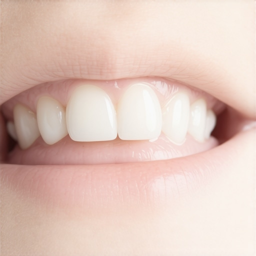 Natural Color Contrast in Children's Teeth A close-up showing the difference between white primary teeth and the yellowish tint of a new adult tooth.