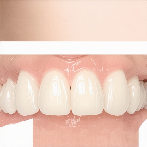 Close up comparison of natural-looking porcelain veneers and opaque artificial veneers.