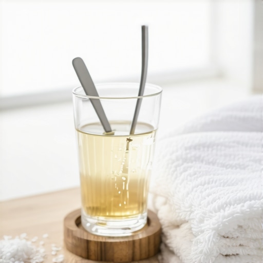 A glass of warm saltwater and a spoon prepared for a mouth rinse to soothe sore gums.