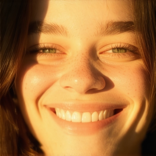 Natural Smile in Golden Hour Sunlight A person with healthy, naturally bright teeth smiling during sunset to demonstrate realistic light reflection.