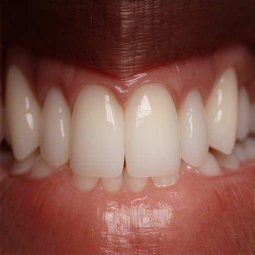 Natural Tooth Translucency Comparison Close up of natural teeth and porcelain veneer showing realistic light translucency.