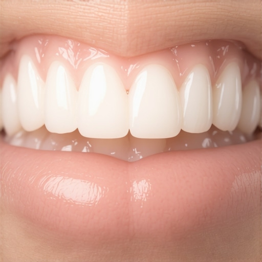 Natural Translucency in Cosmetic Veneers Close-up of realistic porcelain veneers showing natural light reflection and texture.
