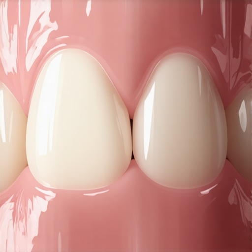 A close-up of a person smiling showing the natural translucency of high-quality porcelain veneers and healthy gum tissue.
