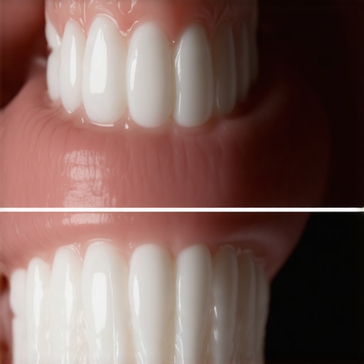 Close-up of dental veneers showing natural light reflection and edge translucency.