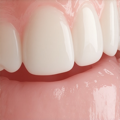 Natural-looking porcelain veneers with realistic translucency Close-up of dental veneers showing natural shade matching and healthy gums.