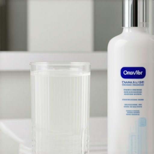 Neutralizing Acid for Sensitive Teeth Lukewarm water and oral rinse on a bathroom vanity to soothe sensitive gums.