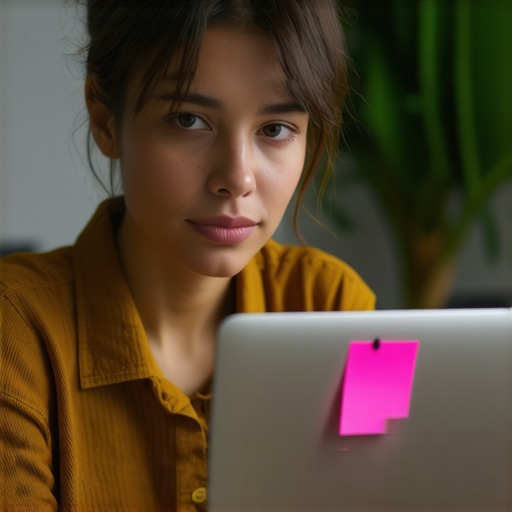 Optimized Office Ergonomics for Jaw Health Person with good posture at a desk with a visual reminder sticker on their monitor to help stop teeth grinding.