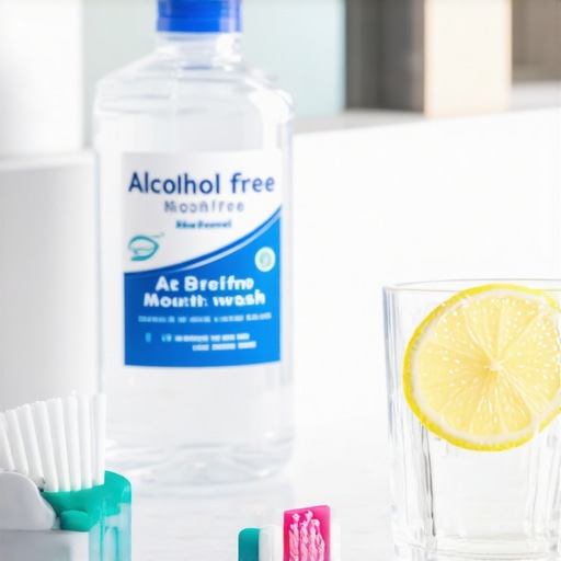 Alcohol-free mouthwash and soft toothbrush on a counter
