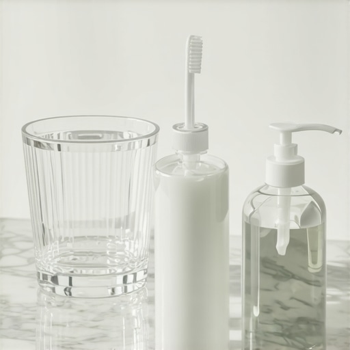 Oral hygiene tools for treating salty mouth Glass of water and toothbrush on a counter representing oral health care.