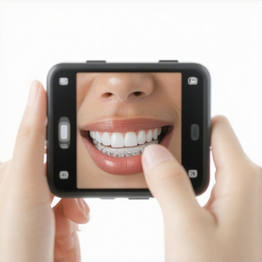 A person taking a smartphone photo of their teeth and braces for progress tracking