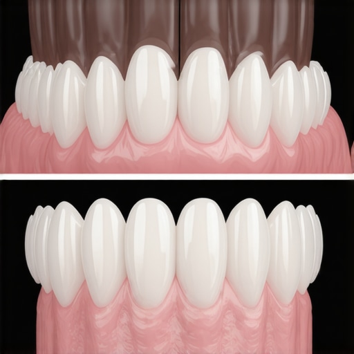 Side by side comparison of a metal-based dental crown showing a dark gum line and a ceramic crown with natural-looking gums.