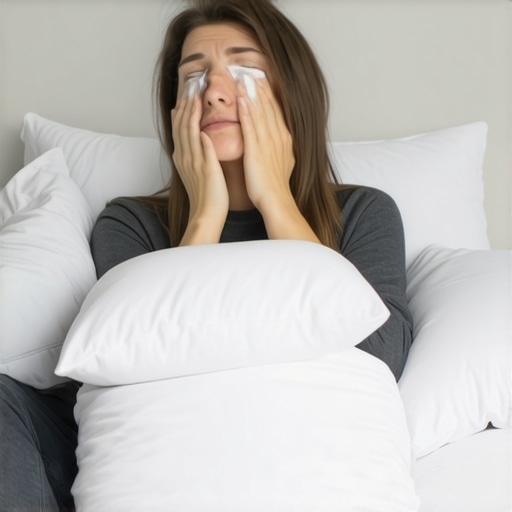Post-extraction recovery and elevation Person using pillows for head elevation and a warm compress for dental swelling