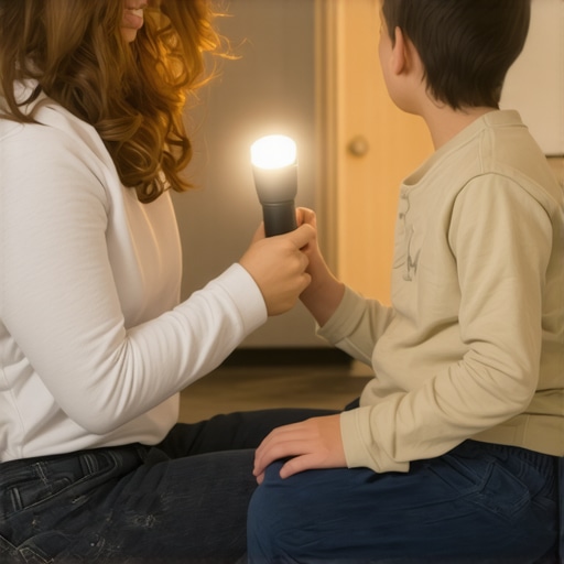 Practicing a dental exam at home with a toddler A mother and child playing 'dentist' in their bathroom to reduce dental anxiety