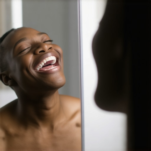 Practicing speech with clear aligners Close-up of a woman looking in a mirror practicing enunciating words with clear aligners.
