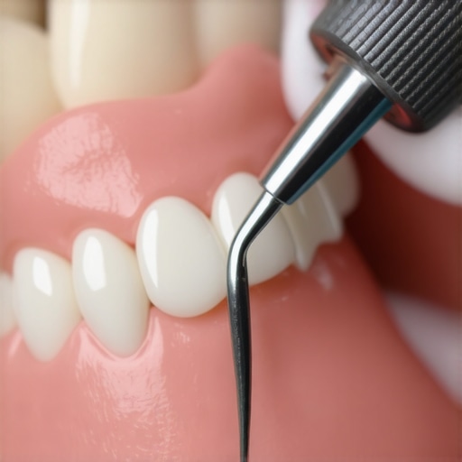 Precise measurement of dental restorations for speech clarity A dentist measuring the thickness of a veneer to ensure it does not cause a lisp or speech issues.