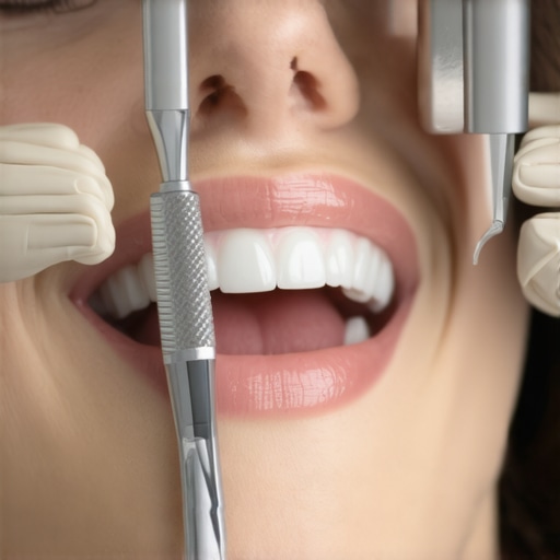 A dentist applying a thin porcelain veneer to a front tooth to close a gap.