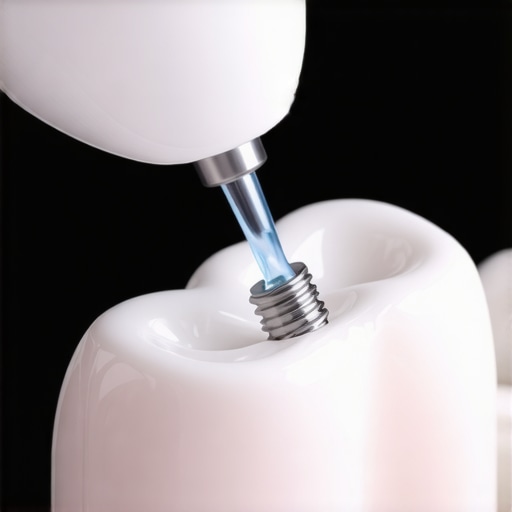 A high-tech water flosser cleaning the base of a dental implant post at the gum line.